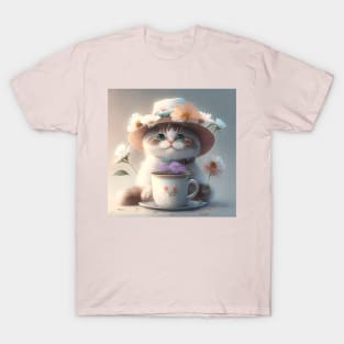 II.Cute cat in a hat with flowers and a cup of tea T-Shirt